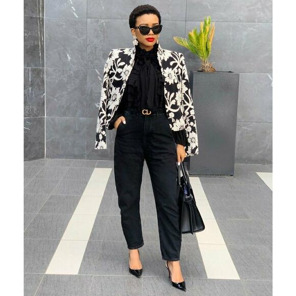 ZARA Floral Jacquard Blazer NWT | Black White Textured Jacket - Picture 13 of 16